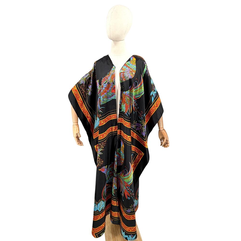 Vintage 90s Winlan Black Peacock Print Satin Kimono Robe